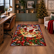 Santa rises above an open present filled with glowing golden spiral rings; rug shown in a decorated home office