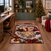 Santa reaches forward over a golden-lit winter village encircled by swirling snow; rug shown in a decorated home office