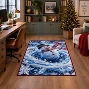A smiling snowman in a black top hat and flowing red scarf stands within swirling snow; rug shown in a decorated home office
