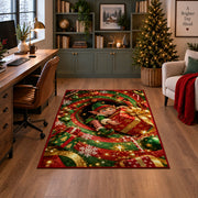 Christmas Elf Holding Gift Rug in a home office with holiday decor