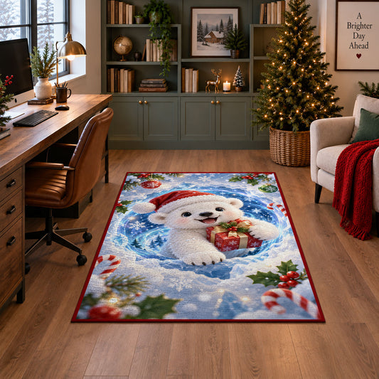Cute Polar Bear Gift Christmas Rug in a home office with holiday decor