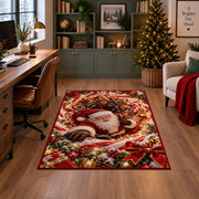 Santa Red Gold Christmas Spiral Rug in a home office with holiday decor