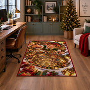 Christmas Elf Golden Workshop Spiral Rug in a home office with holiday decor