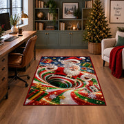 Santa Red Green Snow Spiral Christmas Rug in a home office with holiday decor