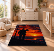 Soldier Salute Sunset rug in a nursery beside a crib and dresser