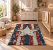 Distressed Americana Star rug in a nursery beside a crib and dresser