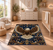 Bald Eagle Stars rug in a nursery beside a crib and dresser