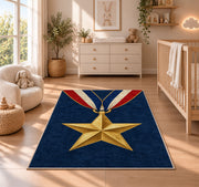 Gold Star Medal rug in a nursery beside a crib and dresser