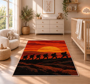 Soldiers March Sunset rug in a nursery beside a crib and dresser