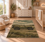 Vintage Military Jeep rug in a nursery beside a crib and dresser