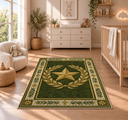 Gold Star Laurel rug in a nursery beside a crib and dresser