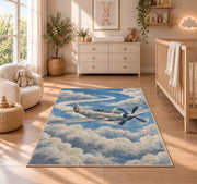 Vintage Propeller Plane rug in a nursery beside a crib and dresser