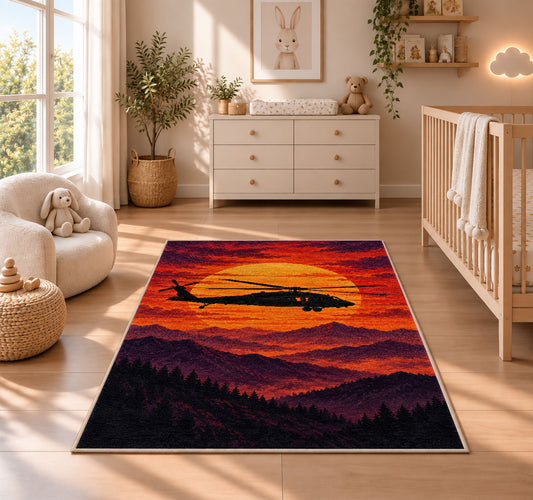Helicopter Sunset rug in a nursery beside a crib and dresser