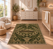 Military Tank Emblem rug in a nursery beside a crib and dresser