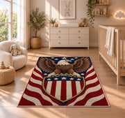 Patriotic Eagle Shield rug in a nursery beside a crib and dresser