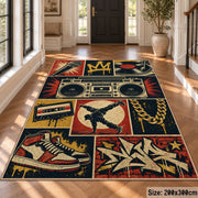 Hip Hop Street Music Collage area rug in navy, red and gold, view 4
