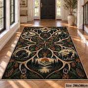Deer Antler Woodland Emblem area rug in deep green, tan and brown, view 4