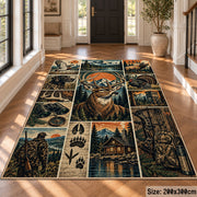 Deer Hunting Adventure Collage area rug in muted blue, tan and forest green, view 4
