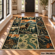Wildlife Hunting Camp Collage area rug in pine green, warm beige and orange, view 4