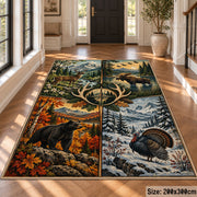 Four Season Hunting Wildlife area rug in autumn orange, snow blue and forest green, view 4