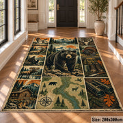 Bear and Deer Woodland Collage area rug in olive green, brown and cream, view 4
