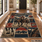 Galloping Racehorses and Track Panels area rug in muted red, navy and sepia, view 4