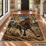 Galloping Horse and Horseshoe Medallion area rug in tan, brown and dark green, view 4