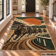 Racehorse on a Sunset Track area rug in sunset orange, cream and forest green, view 4