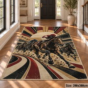 Racehorses and Sunburst Track area rug in warm ochre, burgundy and slate, view 4