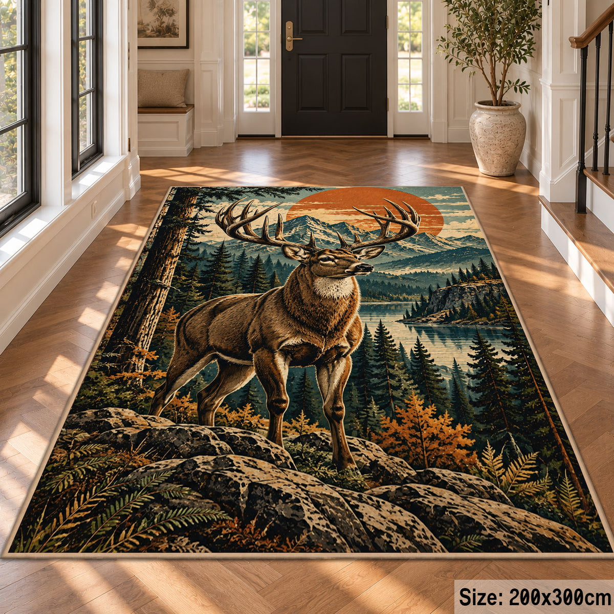 Stag in a Pine Forest area rug in sunset orange, forest green and tan, view 4