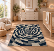 Spiral Optical Illusion Area Rug, Navy Cream Geometric Swirl Rug, Modern Statement Decor - Image 4
