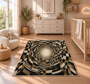 Checkerboard Tunnel Area Rug, Black Beige Optical Illusion Rug, Retro Geometric Room Decor - Image 4