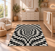 Warped Checkerboard Area Rug, Black Cream Optical Illusion Rug, Bold Geometric Room Decor - Image 4