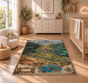 Kingdom map rug with castle, mountain peaks, forests, and lake in a nursery with a wooden floor