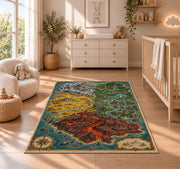 Fantasy island map rug with red volcanic terrain, green forest, and turquoise sea in a nursery with a wooden floor