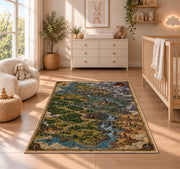 Fantasy river valley map rug with forest settlements and mountain fortress in a nursery with a wooden floor