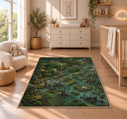 Enchanted swamp map rug with green marsh islands and winding blue waterways in a nursery with a wooden floor