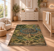 Medieval walled city map rug with surrounding rivers, roads, and compass in a nursery with a wooden floor