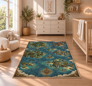 Fantasy archipelago map rug with blue ocean, castle islands, and sailing vessels in a nursery with a wooden floor
