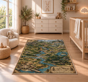 Fantasy trade route map rug with winding rivers, bridges, and woodland towns in a nursery with a wooden floor