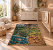 Fantasy campaign map rug with colorful kingdoms, flags, castles, and coastal terrain in a nursery with a wooden floor