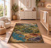 Fantasy coastal world map rug with harbor, desert, mountain ranges, and compass in a nursery with a wooden floor