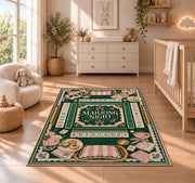 Green and pink mahjong night rug in a nursery with a wooden floor