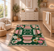 Green Mahjong Table Rug with Pink Floral Tea Details in a nursery with a wooden floor