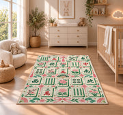 Cream Mahjong Tile Rug with Pink Floral Border in a nursery with a wooden floor