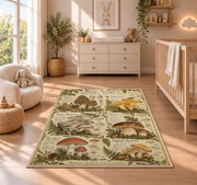 Vintage forest forager mushroom chart rug in a nursery with a wooden floor