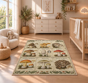 Vintage wild mushroom identification chart rug in a nursery with a wooden floor