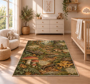 Autumn woodland path with toadstools rug in a nursery with a wooden floor