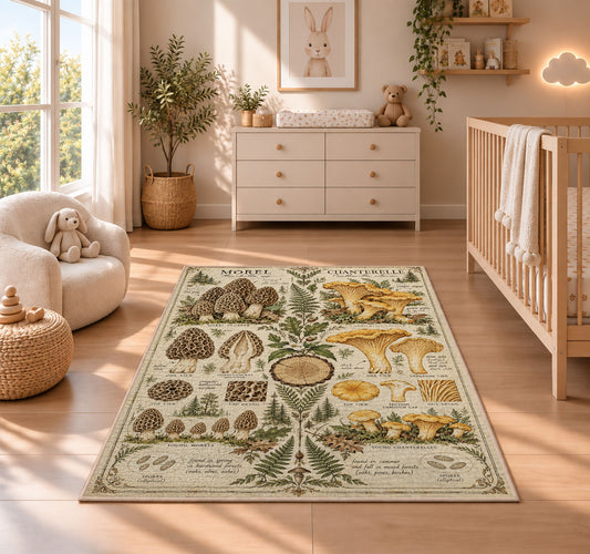 Vintage morel and chanterelle botanical study rug in a nursery with a wooden floor