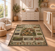 Vintage woodland mushroom almanac rug in a nursery with a wooden floor